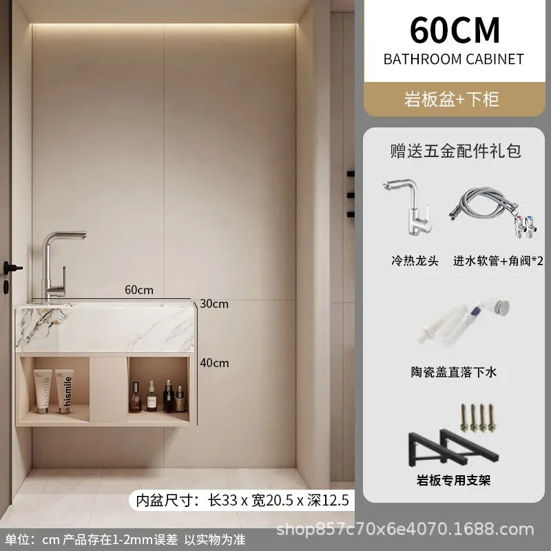 Modern Bathroom Vanity Cabinet Sink Small-sized Bathroom Cabinet with Smart Round Mirror Rock Ceramic Basin Bathroom Furniture