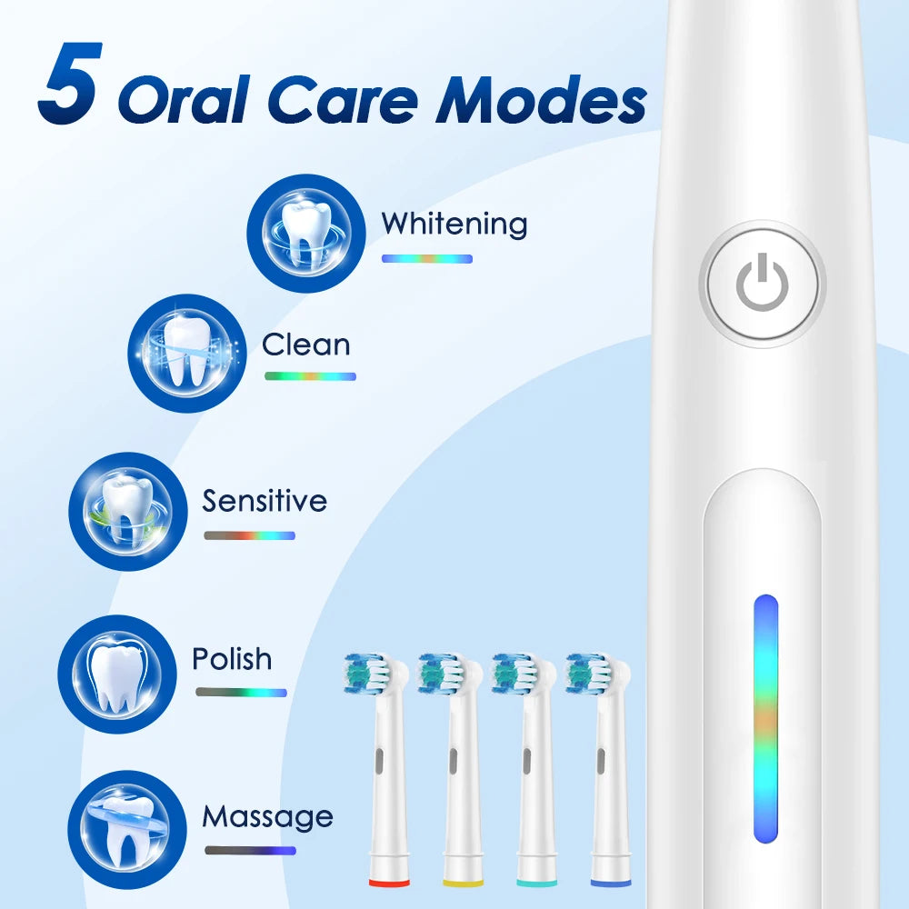3D Rotating Electric Toothbrush 5 Modes USB Fast Rechargeable Rotary Electric Toothbrush with Travel Case 4 Brush Heads