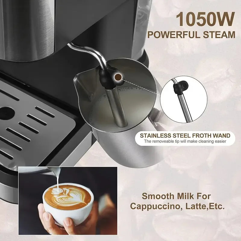 Aeomjk Semi-Automatic Espresso Machine, 20 Bar Pressure Extraction, for Making Cappuccino and Latte, with Steam Milk Frother, Espresso Machine with 1.5L Removable Water Tank