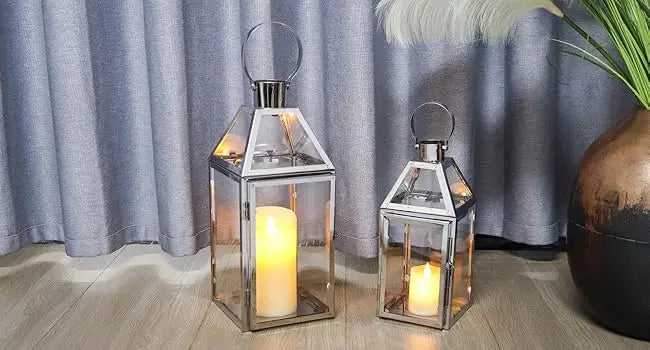 Set of 2 Stainless Steel Decorative Lanterns 13"&10" H Metal Candle Holders with Tempered Glass for Home Decor Living Room Parti