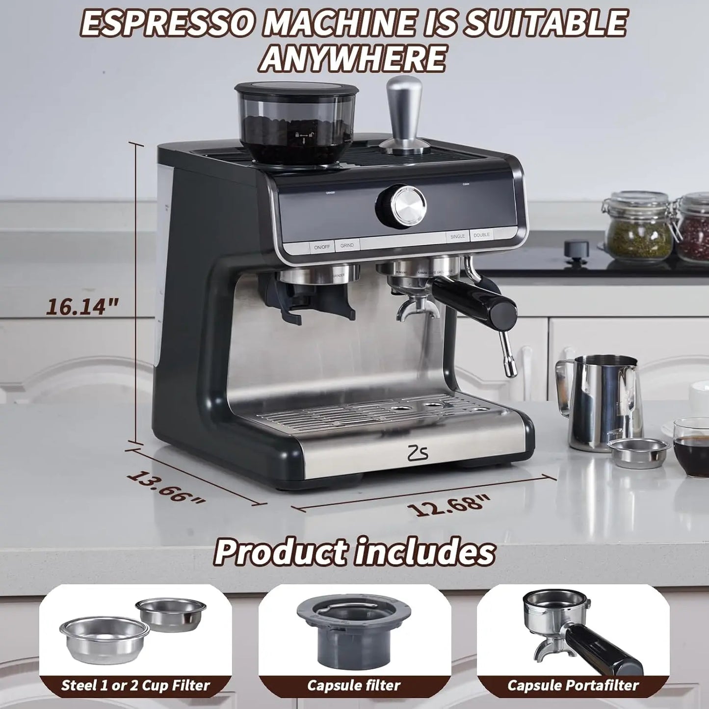 20 Bar Semi-Automatic Coffee Machine Built-in Bean Grinder & Steam Wand 2.8L Removable Water Tank Professional Home Cappuccino