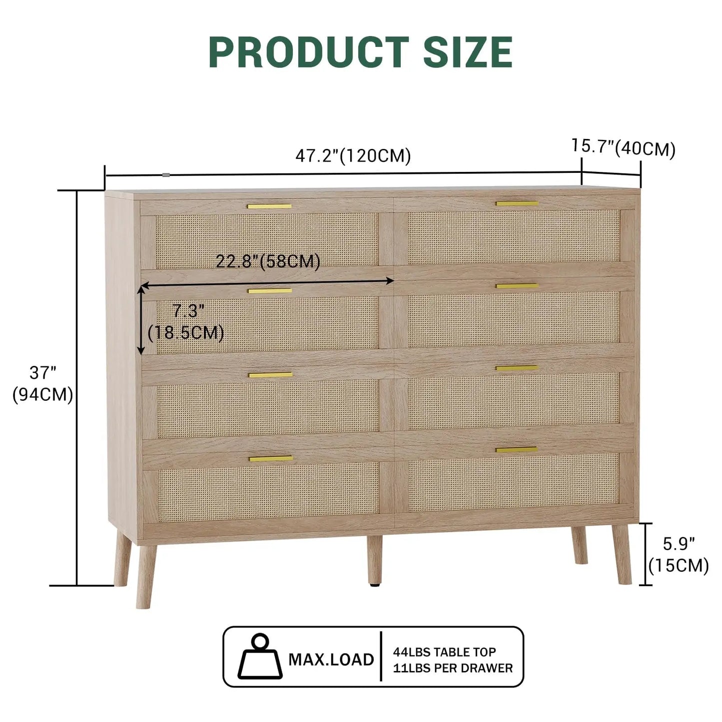 8-Drawer Rattan Dresser 47x15x37 Inch, Mid Century Modern Chest Of Drawers With Handles For Bedroom Entryway Living Room