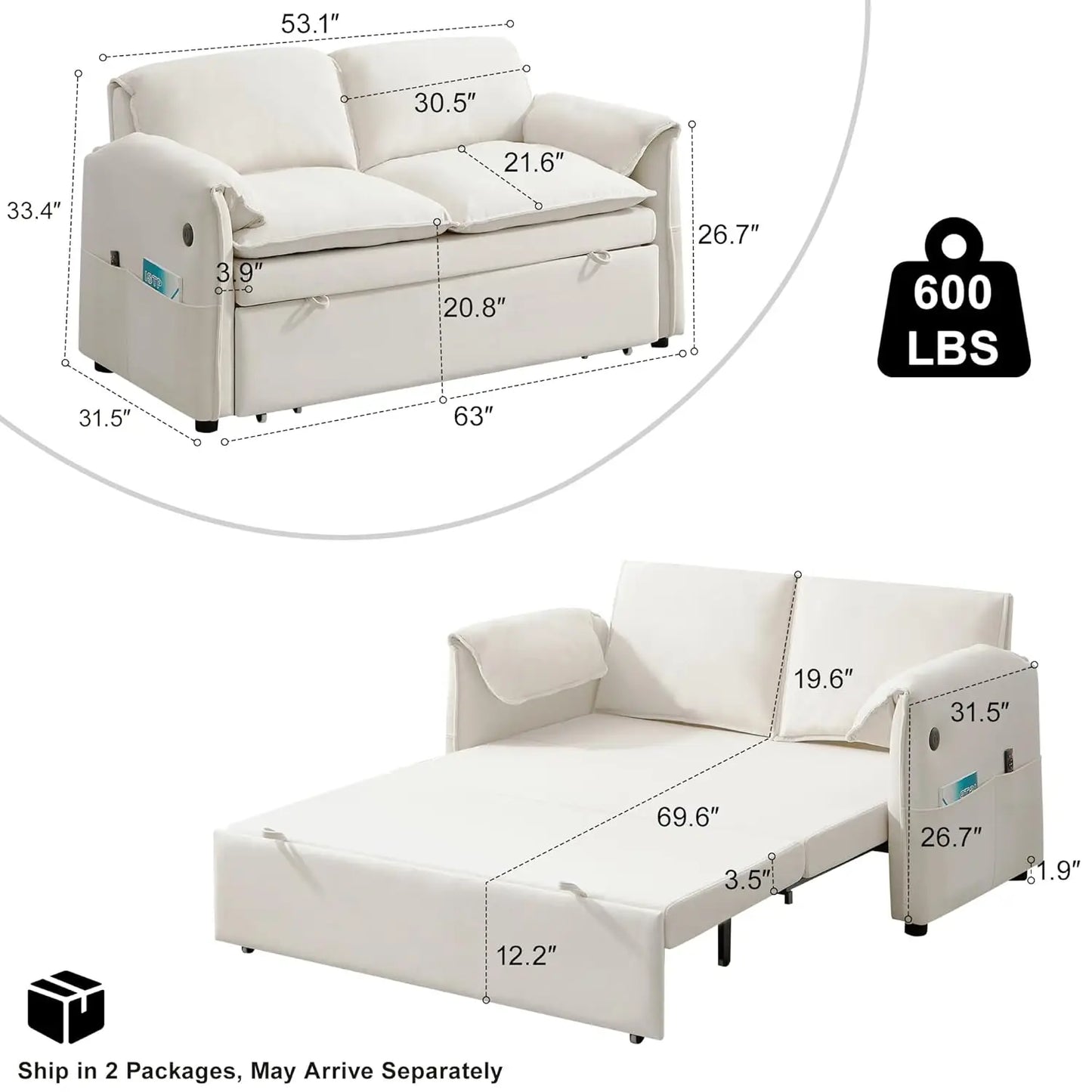 63" Velvet Pull Out Couch, 3 in 1 Convertible Sleeper Sofa Bed with Adjustable Backrest, Modern Loveseat Sleeper, Customized