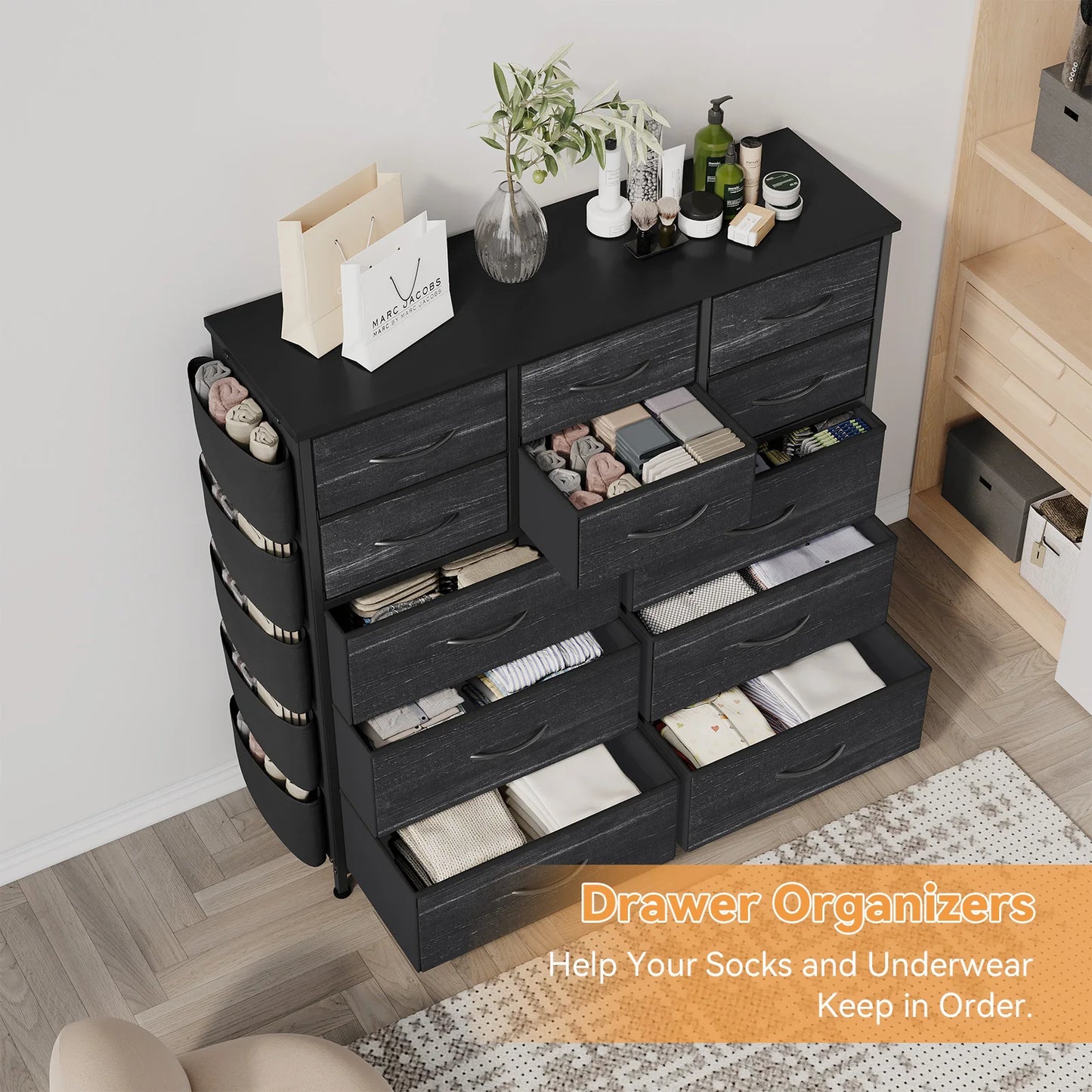 12-Drawer Fabric Dresser for Bedroom,Tall Chest of Drawers,Adjustable Metal Frame,Side Pockets & Hooks Storage Tower for Closet