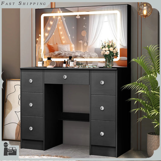 Large Dressing Table Makeup Desk Vanity Set with LED Lights Mirror And 7 Drawers