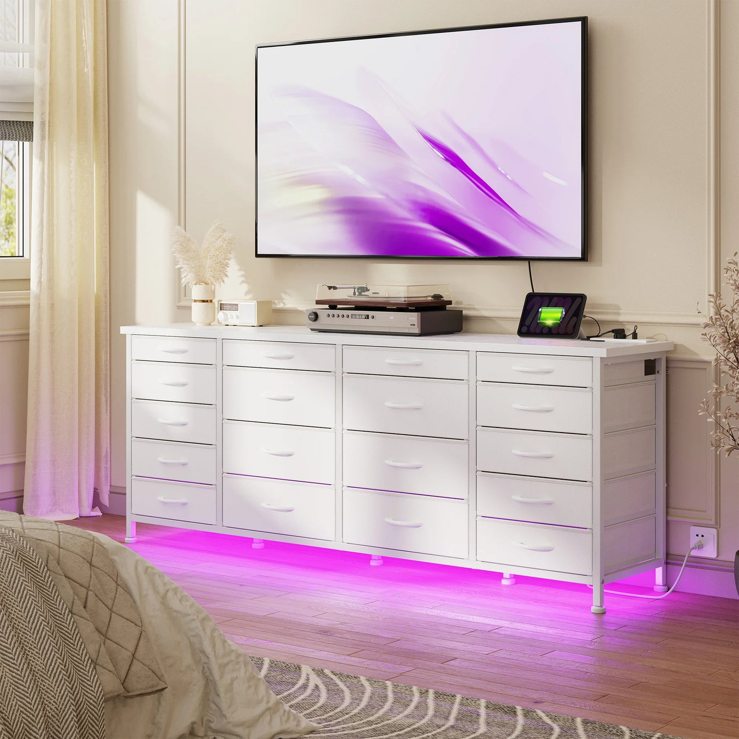 Large Capacity 63 Inch Dresser with 18 Deep Drawers LED Lighting and Built In Power Hub for Bedroom Living Room or Hallway