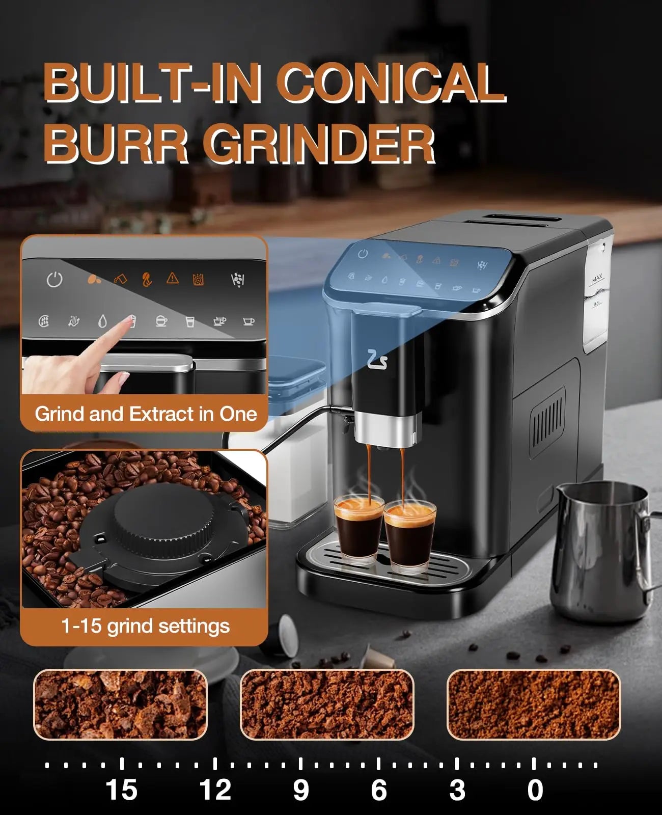 20 Bar Fully Automatic Espresso Machine With Grinder Milk Frother One-Touch 6 Recipes 1.5L Tank Self-Cleaning For Home Office