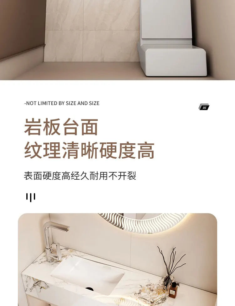 Modern Bathroom Vanity Cabinet Sink Small-sized Bathroom Cabinet with Smart Round Mirror Rock Ceramic Basin Bathroom Furniture