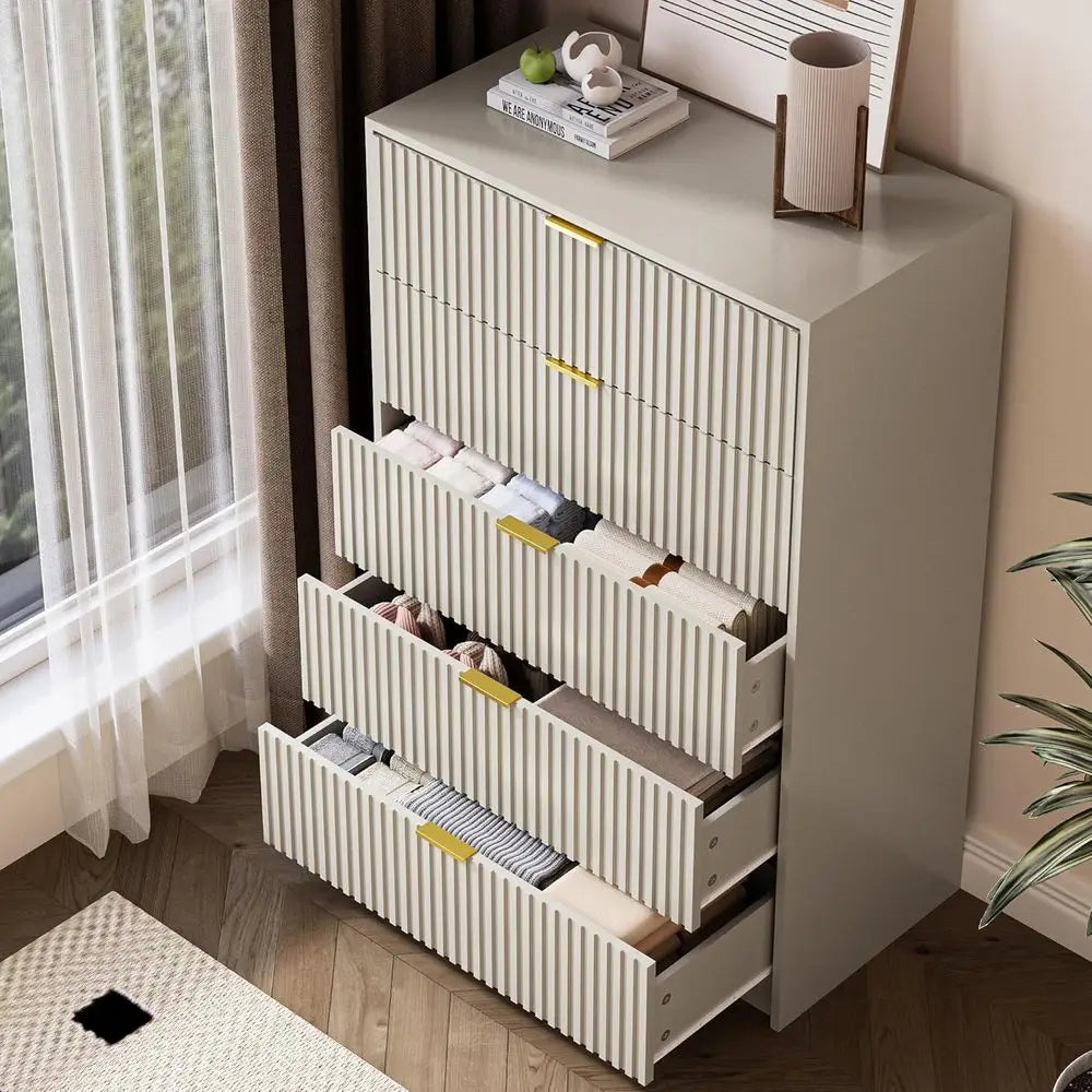 Bedroom Tall Chest with Gold Handles, 32in Wide Nightstand, Suitable for Bedrooms, Living Rooms, Offices, and Entryways, Beige