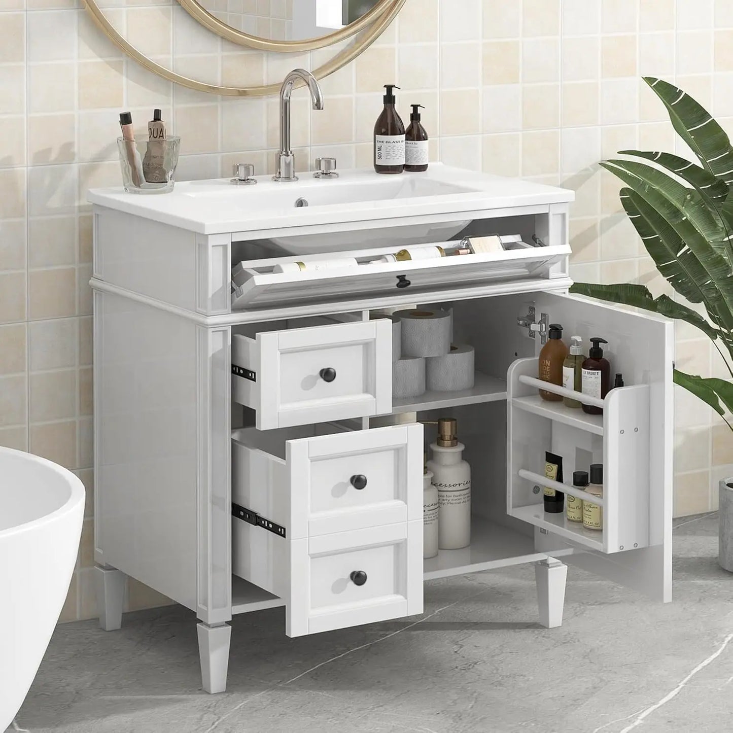 30" Bathroom Vanity Ceramic Sink Modern Freestanding Storage Cabinet Door 2 Drawers Tip-Out Drawer Solid Wood Frame, Customized