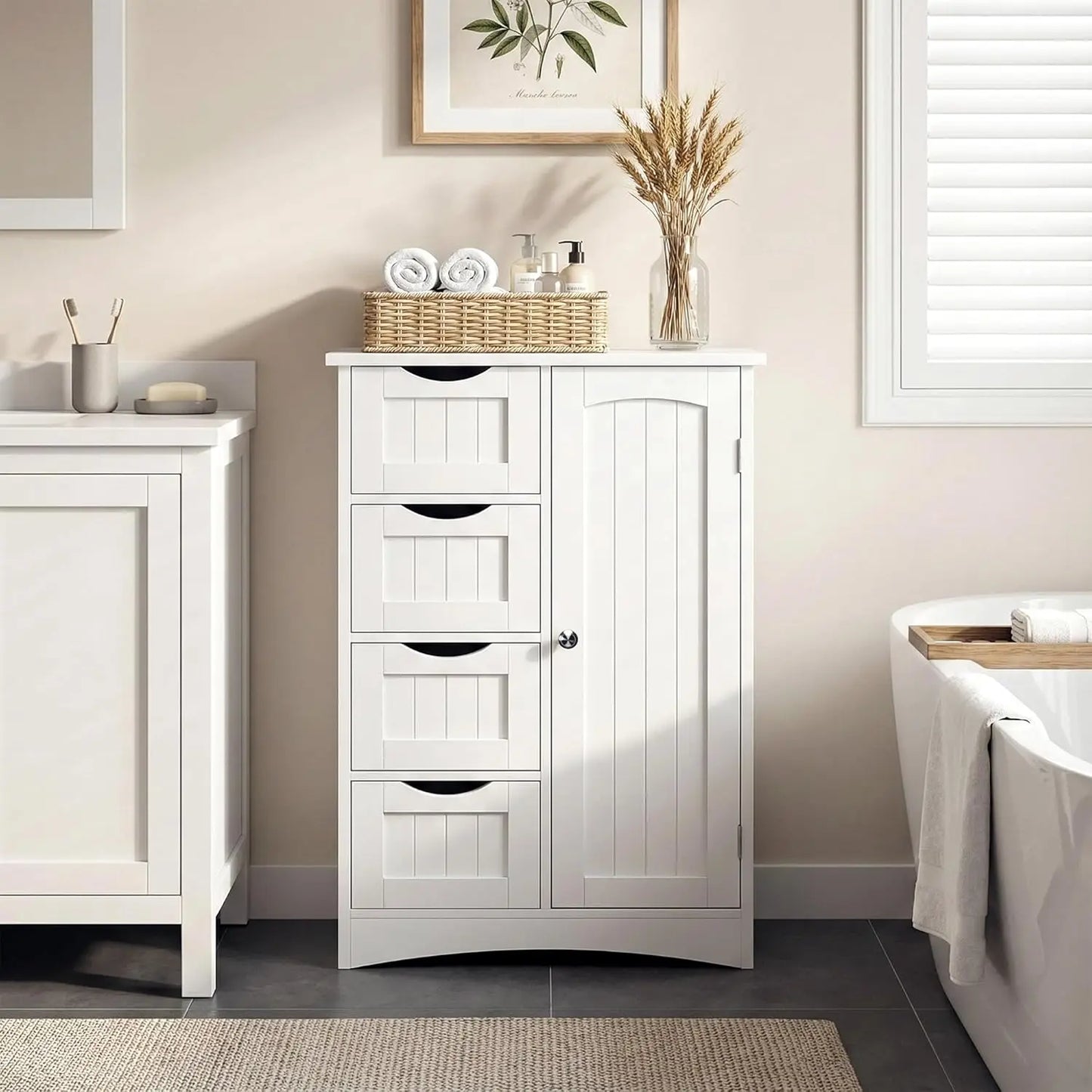 4 Drawer 1 Cupboard Floor Storage Cabinet Adjustable Shelf Freestanding Organizer Unit for Bathroom Living Room, Customized