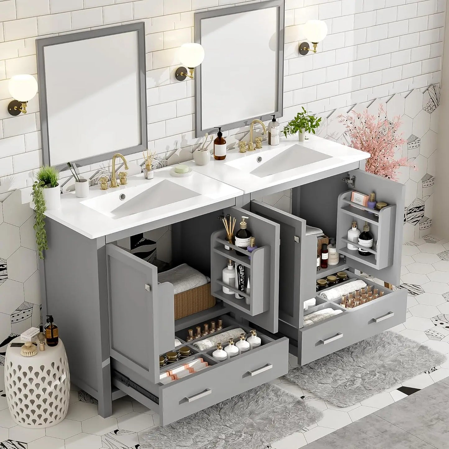 60" Double Sink Bathroom Vanity Solid Wood Cabinet Storage Drawers Racks Black, Customized