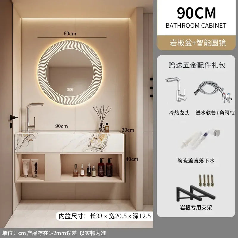 Modern Bathroom Vanity Cabinet Sink Small-sized Bathroom Cabinet with Smart Round Mirror Rock Ceramic Basin Bathroom Furniture