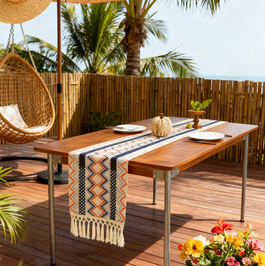 Bohemian Aztec Outdoor Table Runner with Tassels- Woven Patio Dining Decor for Coastal & Tropical Sp
