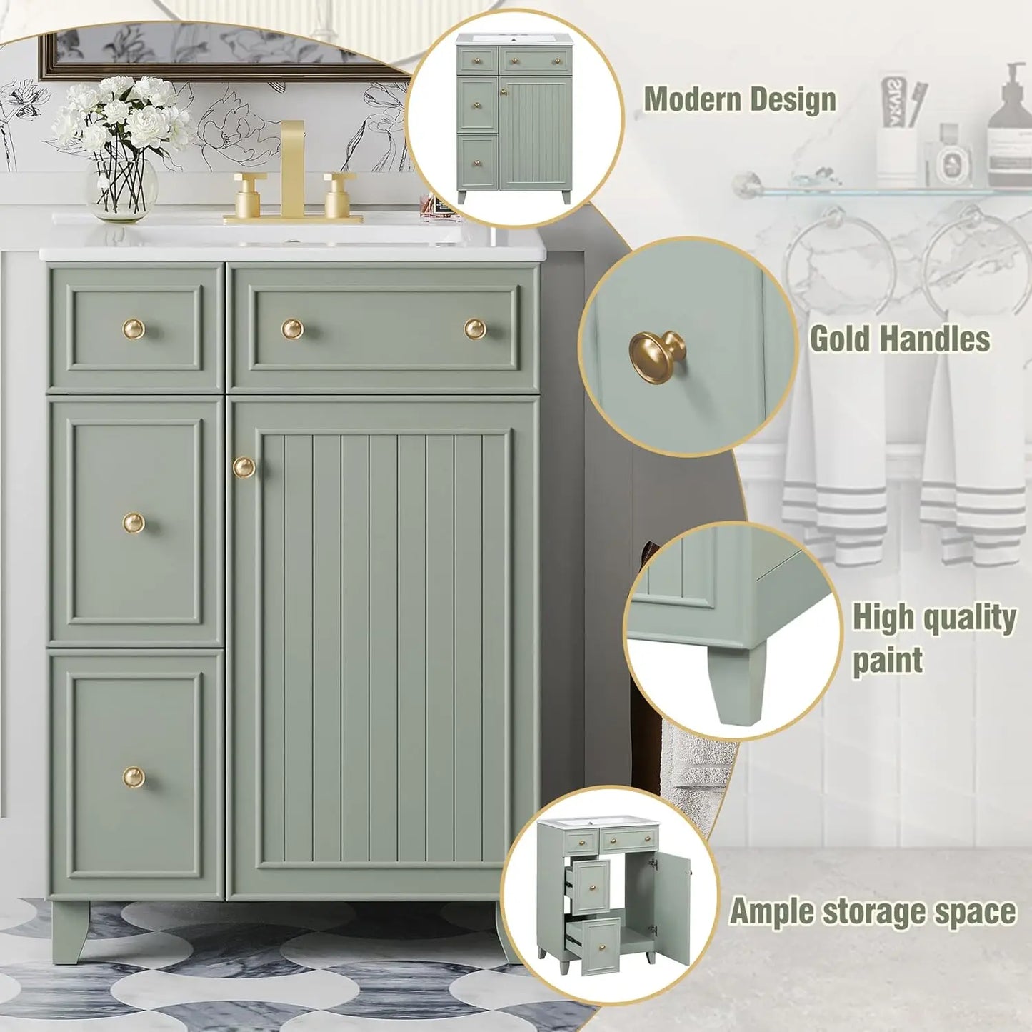 24in Small Vanity Cabinet Undermount Sink Soft Close Door Easy Assembly Bathroom Furniture Customized