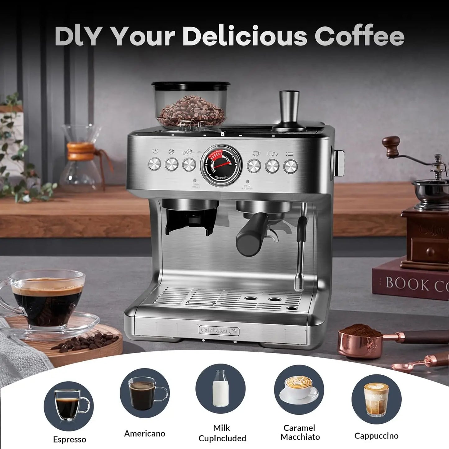 Espresso Machine with Grinder 20 Bar Semi-Automatic Coffee Maker PID Control Milk Frother Steam Wand 95Oz Water Tank for Home