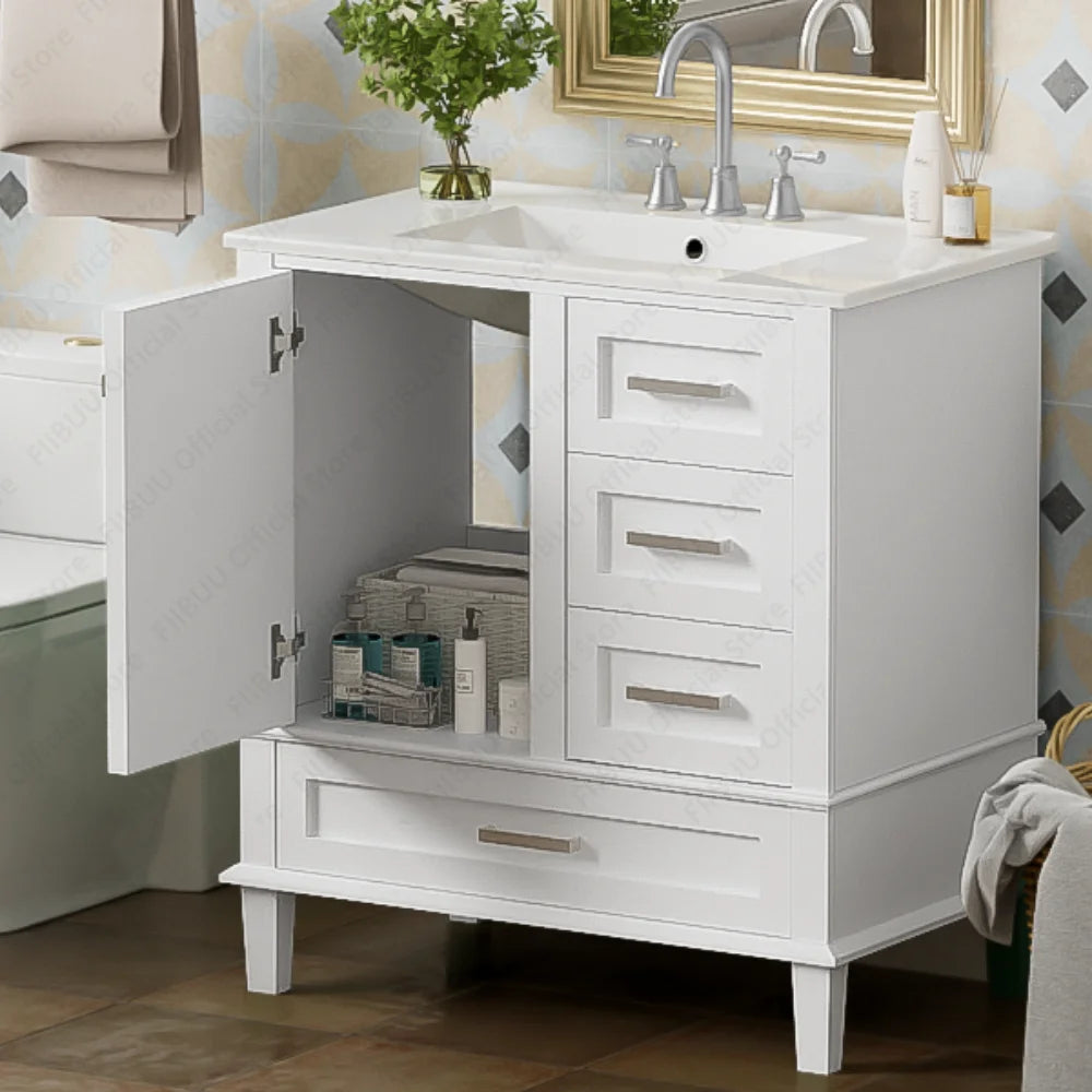 30" Bathroom Vanity with Sink Solid Wood Cabinet Waterproof Modern Storage with 3 Drawers Soft Close Door Sink Vanity Combo Set