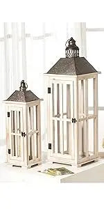 Large Rustic Wooden Decorative Lantern Set of 2, Modern Farmhouse Distressed Whitewash Floor Candle Lanterns, Indoor/Outdoor Han