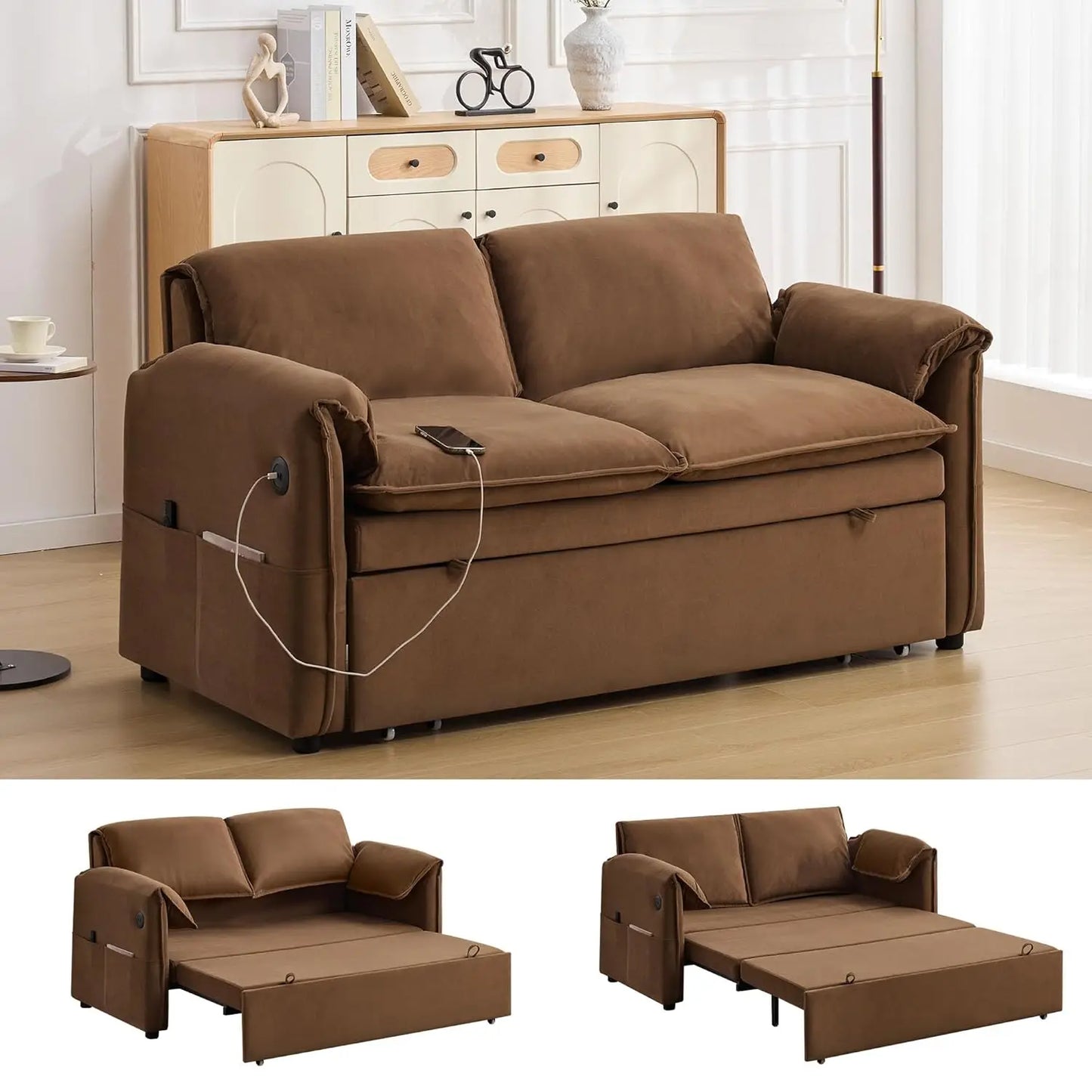 63" Velvet Pull Out Couch, 3 in 1 Convertible Sleeper Sofa Bed with Adjustable Backrest, Modern Loveseat Sleeper, Customized