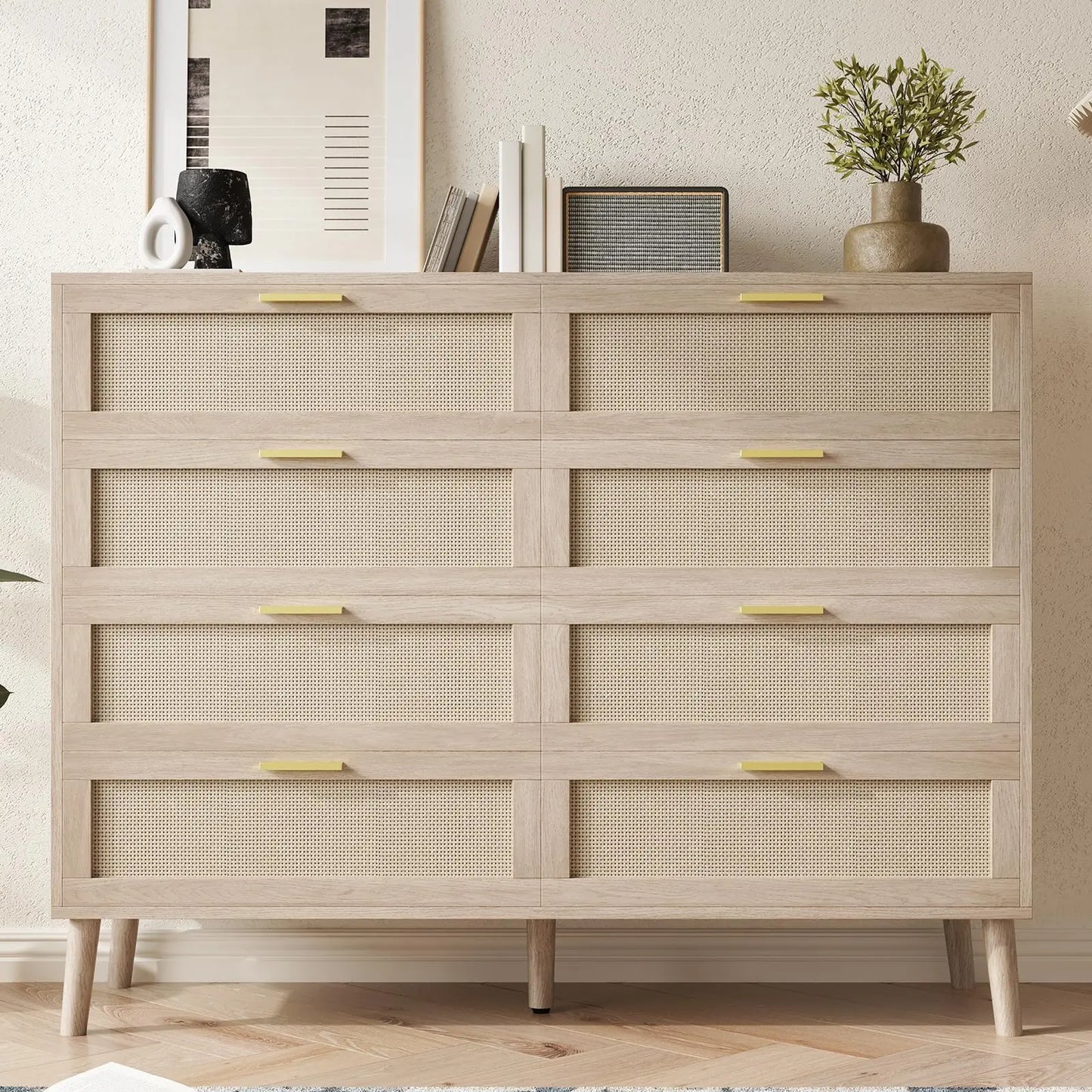 8-Drawer Rattan Dresser 47x15x37 Inch, Mid Century Modern Chest Of Drawers With Handles For Bedroom Entryway Living Room
