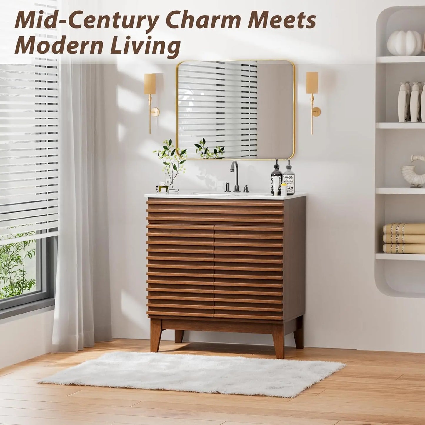 30" Mid-Century Bathroom Vanity Cabinet Ceramic Sink Soft Close Doors Freestanding Particleboard Wood Grain Walnut Customized