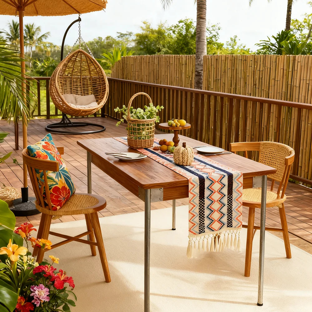 Bohemian Aztec Outdoor Table Runner with Tassels- Woven Patio Dining Decor for Coastal & Tropical Sp
