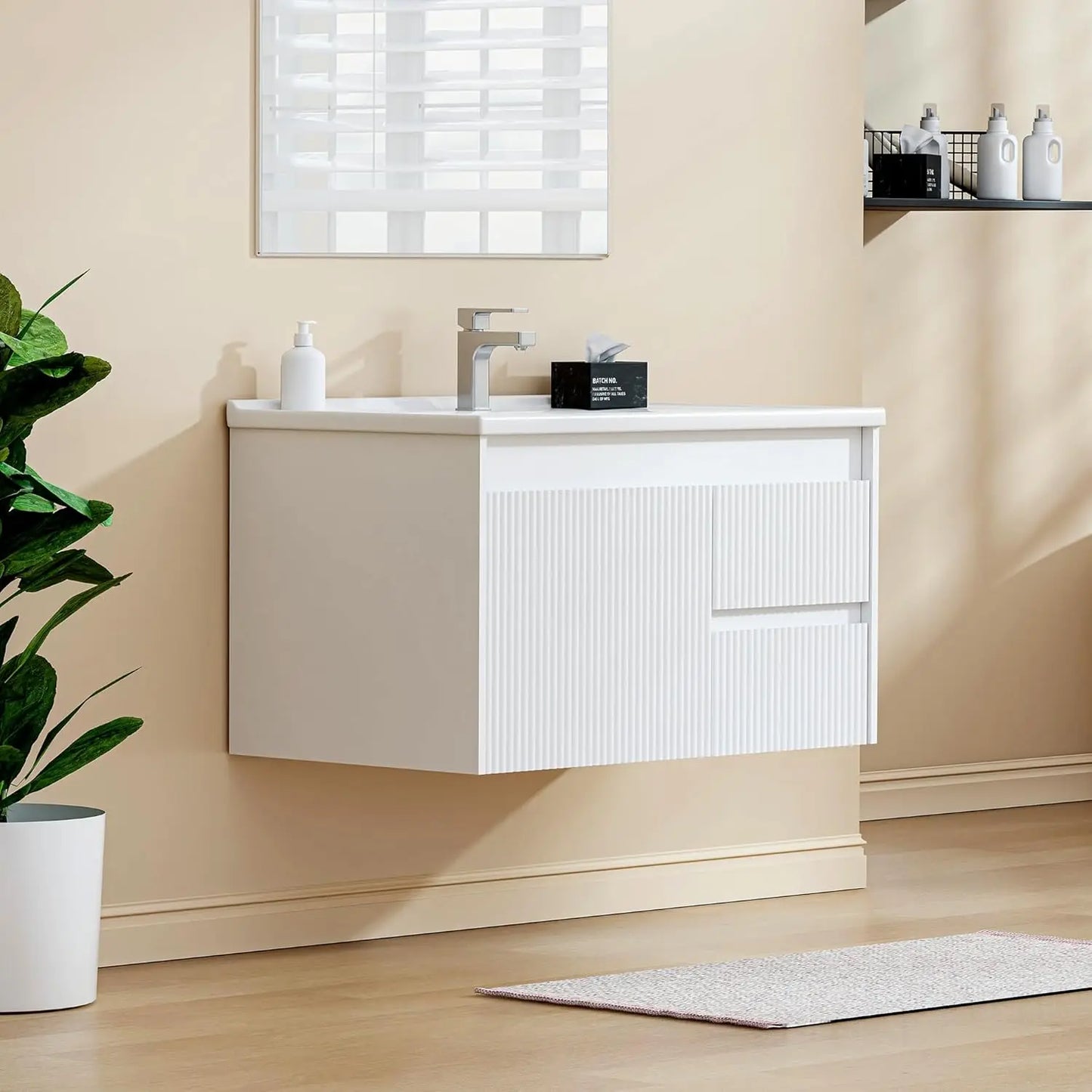 32" Wall Mounted Bathroom Vanity with Sink, Soft-Close Drawers, Wave-Carved Door, Ceramic Top, Customized