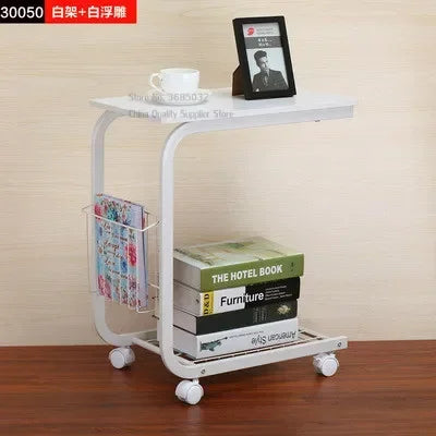 Iron Living Room Table, Movable Sofa Side Table, Corner Coffee Stand, Simple Wheel-Based Lazy Table, Mobile Furniture, 2-Layer