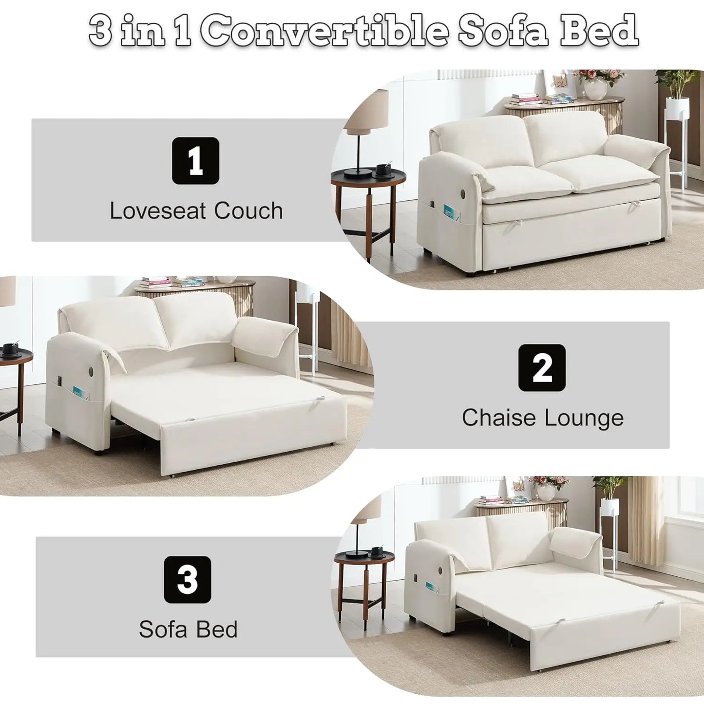 63" Velvet Pull Out Couch, 3 in 1 Convertible Sleeper Sofa Bed with Adjustable Backrest, Modern Loveseat Sleeper, Customized