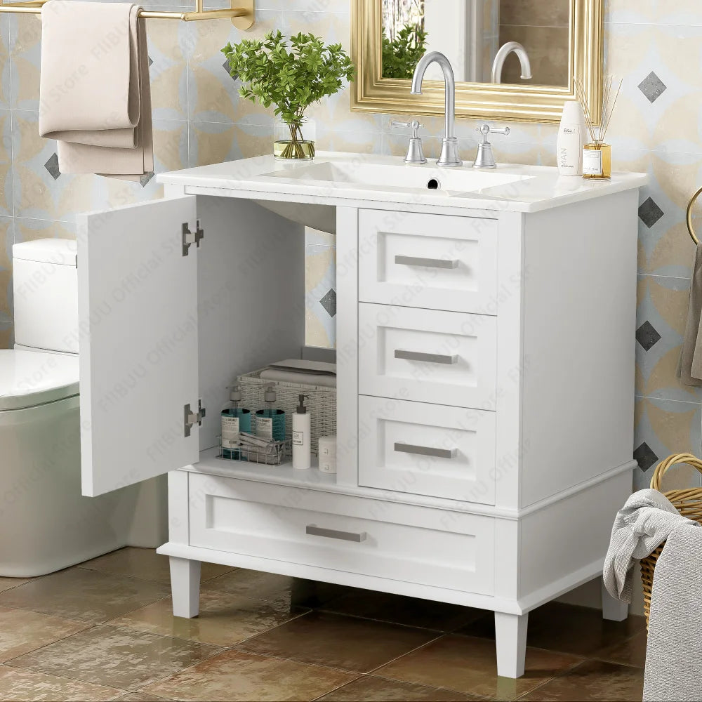 30" Bathroom Vanity with Sink Solid Wood Cabinet Waterproof Modern Storage with 3 Drawers Soft Close Door Sink Vanity Combo Set