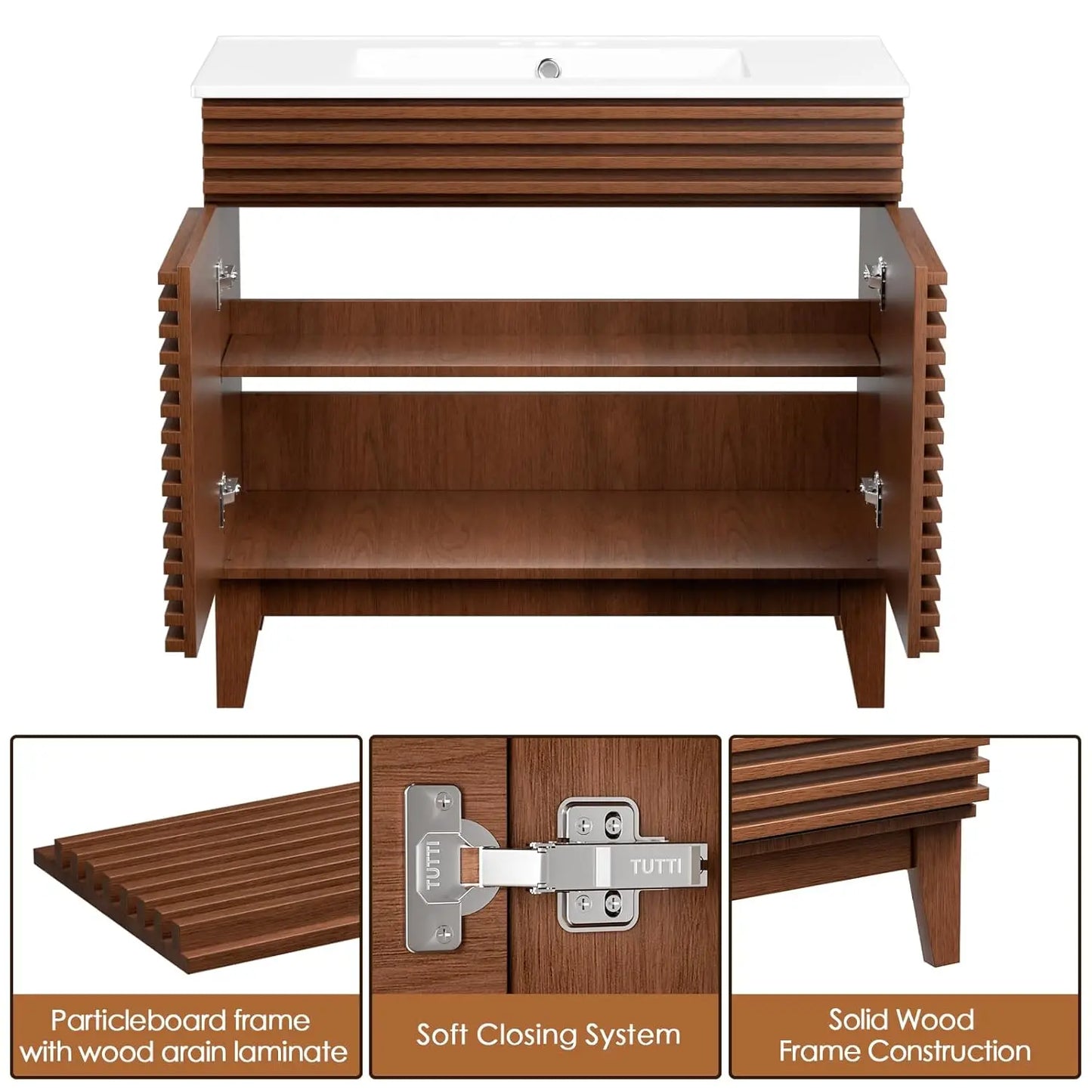 36in Mid-Century Freestanding Bathroom Vanity Sink Storage Undermount Ceramic Wood Grain Walnut Customized