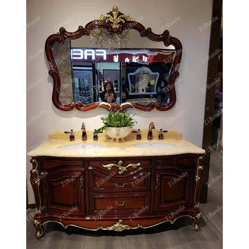 ~New Curved European Bathroom Cabinet Antique Washbasin Oak Combination Bathroom Double Basin Wash Basin Washstand