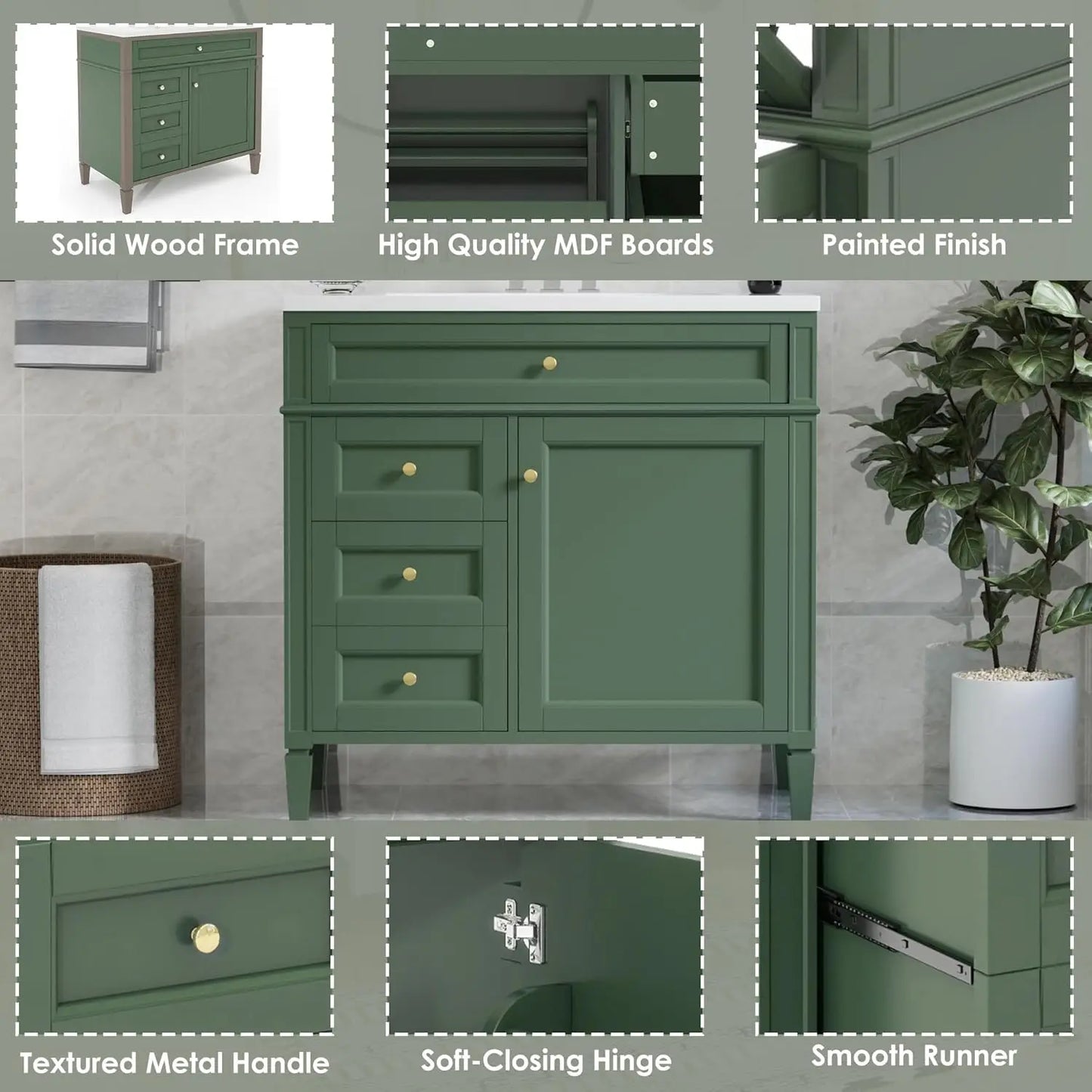 36in Solid Wood Bathroom Vanity with Soft-Close Doors & Tip-Out Drawer Undermount Sink Cabinet Green Customized