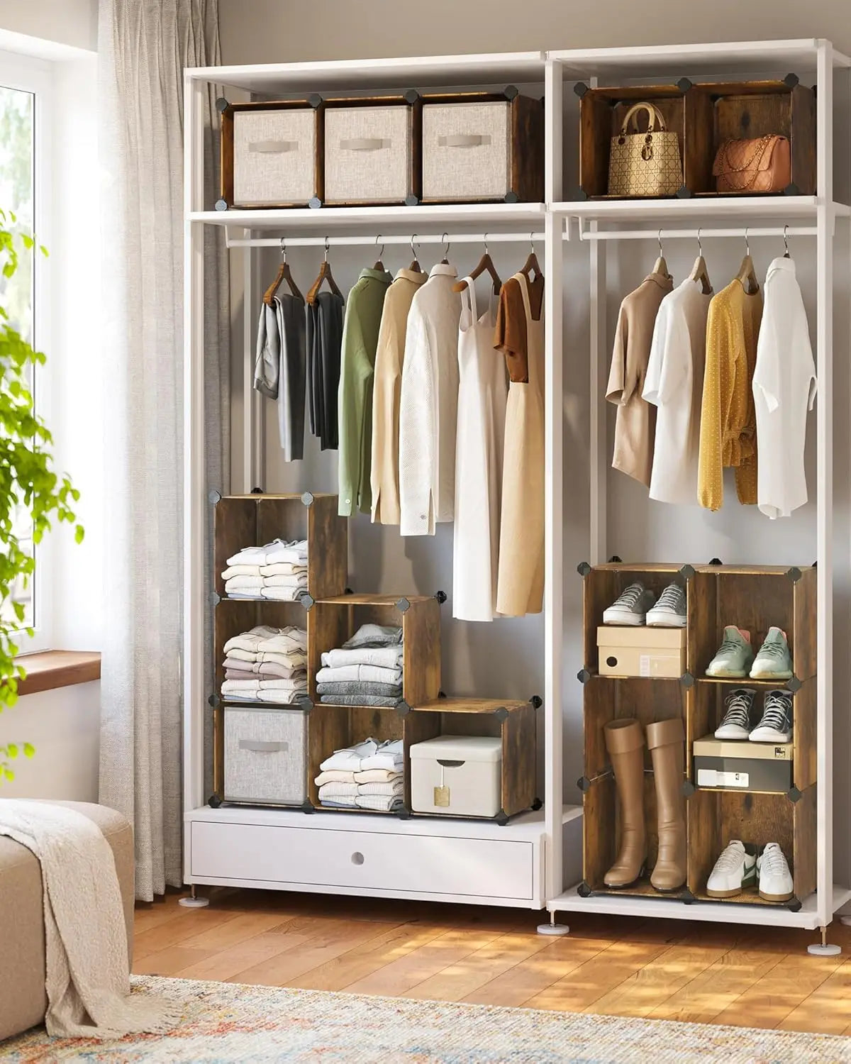 16-Cube Storage Organizer Set, Plastic Closet Shelves for Bedroom Living Room, 12.2x48.4x48.4 Inches Rustic Brown