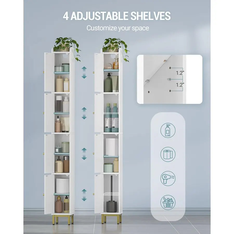 Narrow Tall Storage Cabinet, Slim Bathroom Storage Cabinet with 4 Adjustable Feet and Shelves, Bathroom Organization for Small S