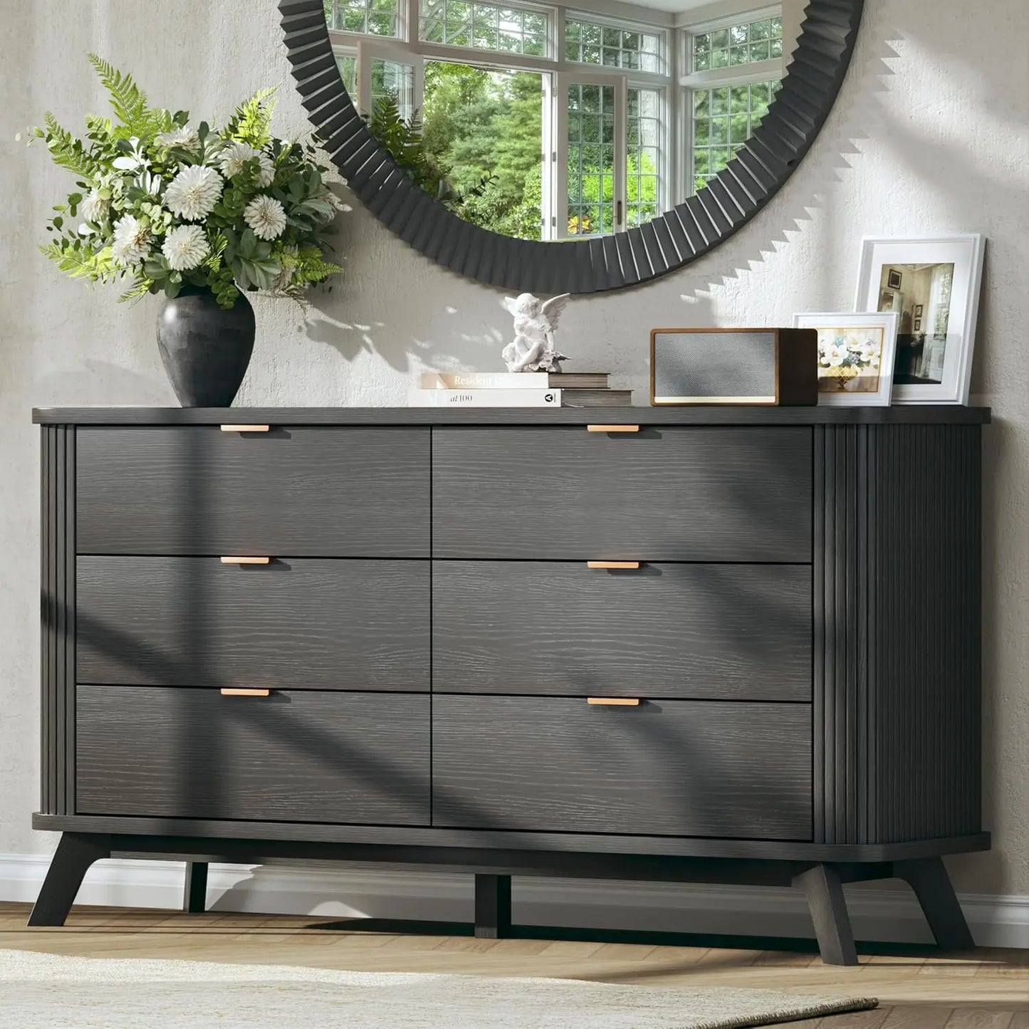 Fluted 6 Drawer Dresser Mid Century Modern Curved Profile Wood Storage Unit for Bedroom Hallway Entryway 55 inch Oak Customized