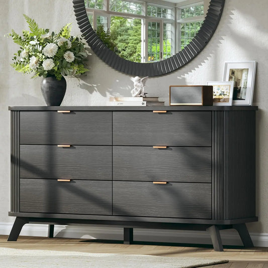 Fluted 6 Drawer Dresser Mid Century Modern Curved Profile Wood Storage Unit for Bedroom Hallway Entryway 55 inch Oak Customized