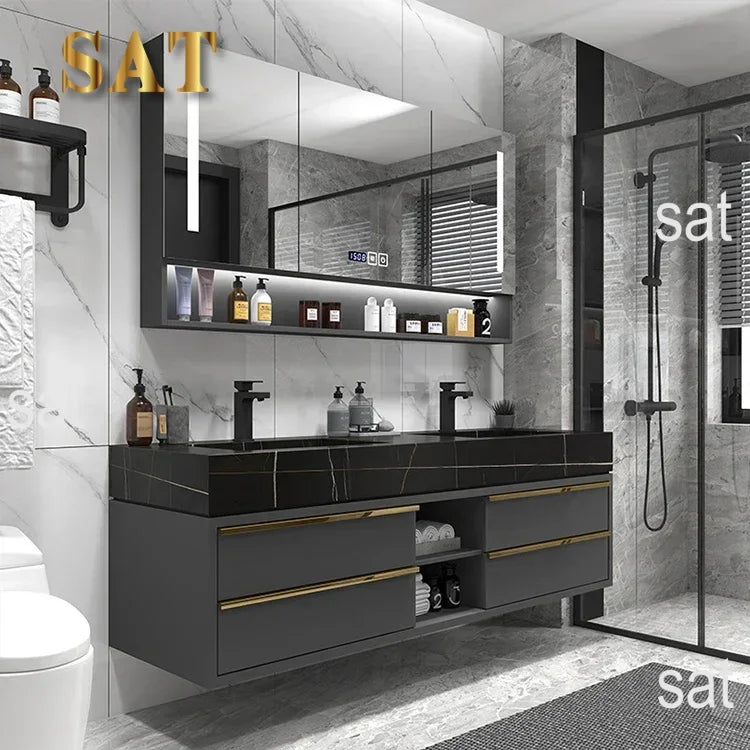 -For 60 Inch Luxury Double Sink Basin Bathroom Vanity Cabinet Home Center Bathroom Cabinet Set^