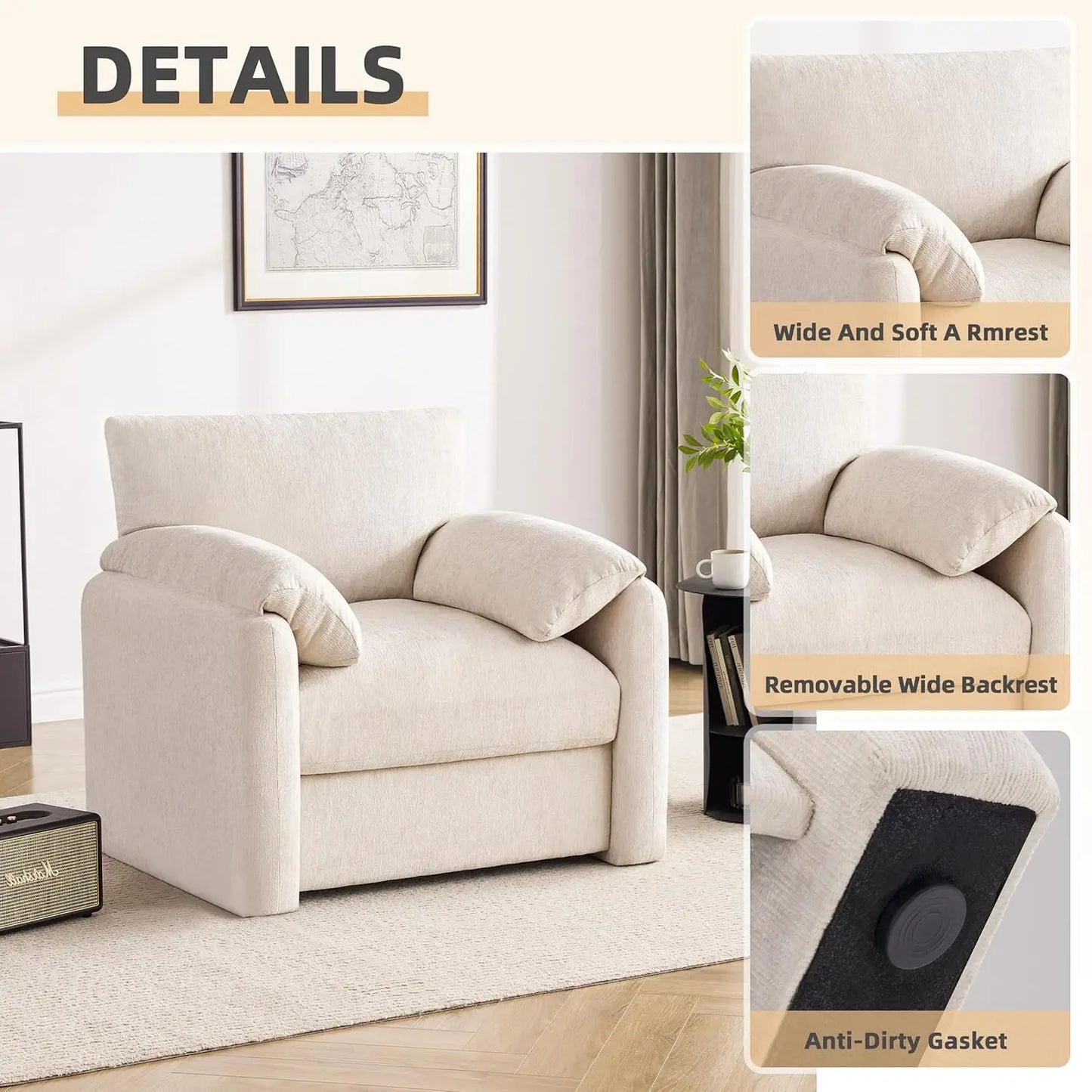 38.6in Chenille Oversized Armchair Mid-Century Upholstered Lounge Reading Chair Living Room Bedroom Beige Customized