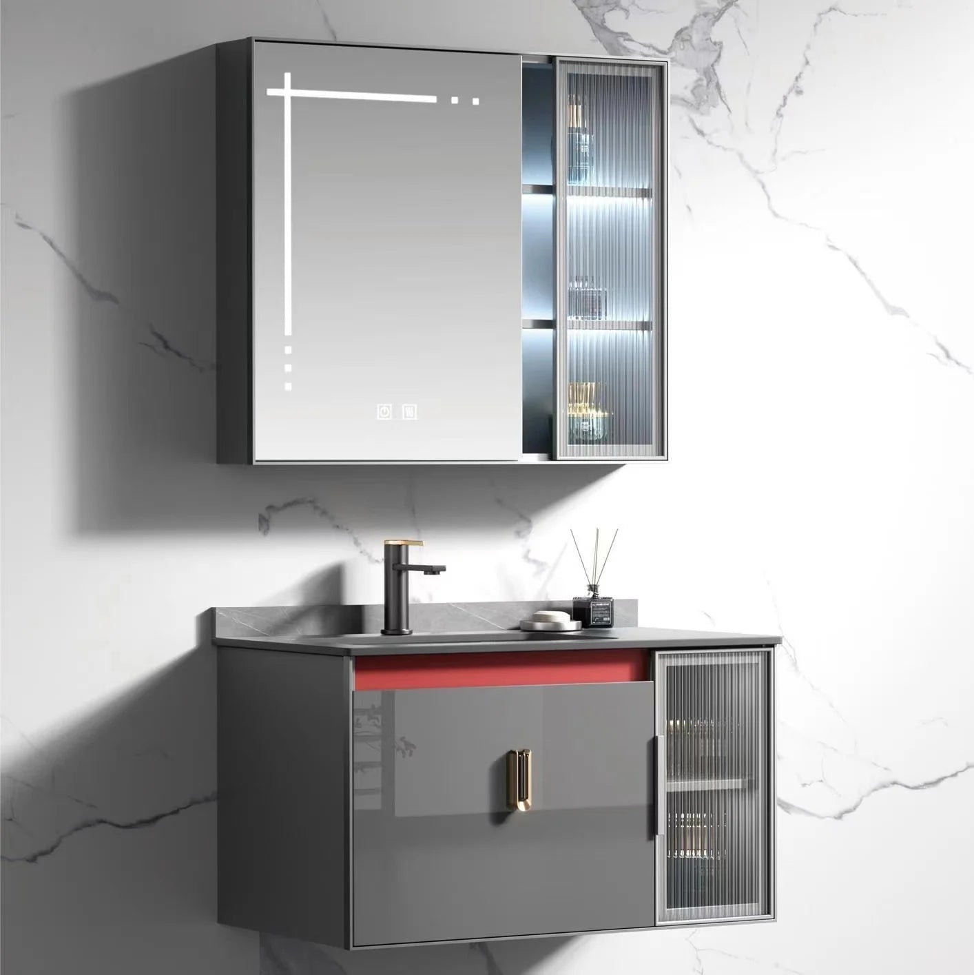 New Design Bathroom Double Door Cabinet Sink Set Aluminum Wash Basin Combo Mirror Bathroom Vanity Cabinet