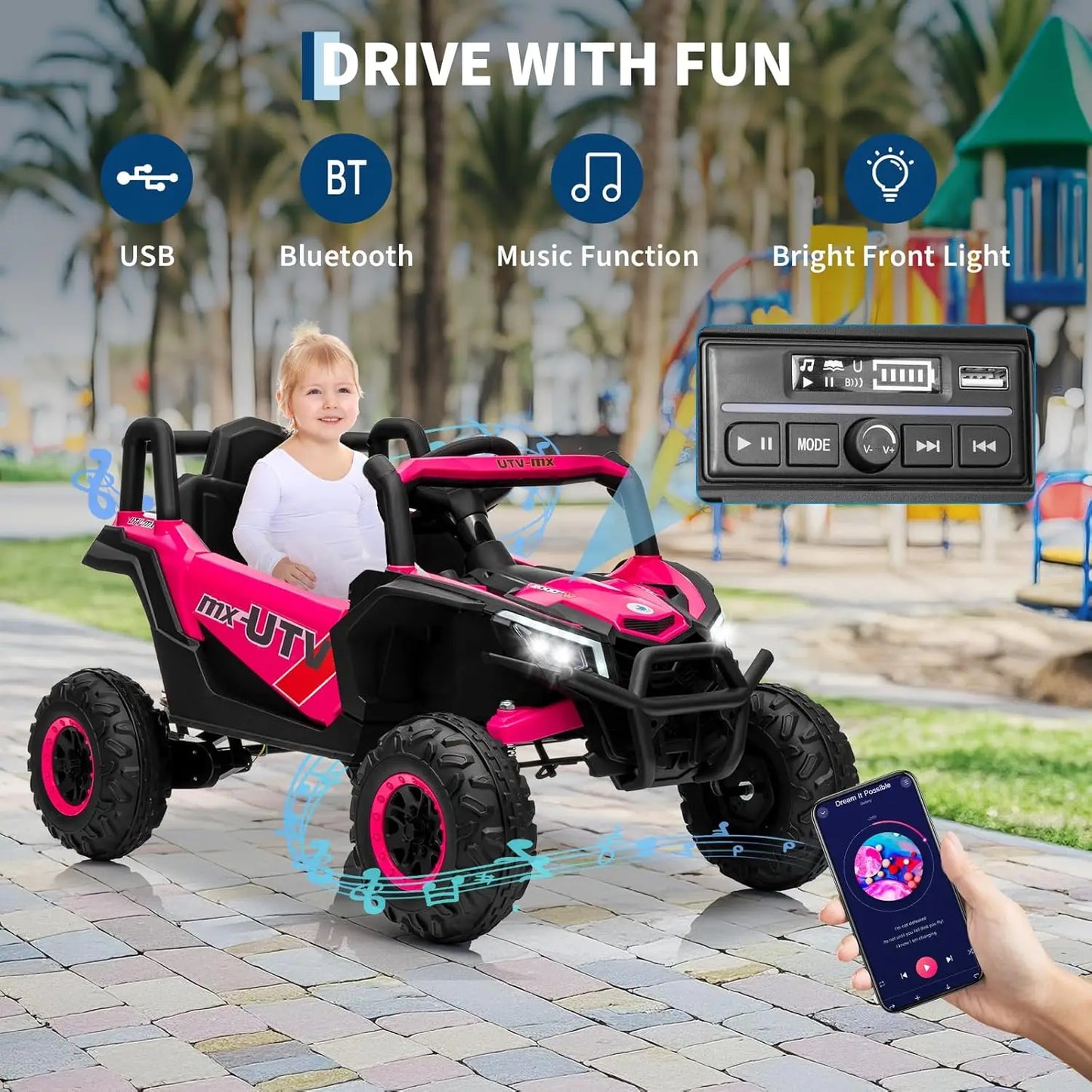 Bluetooth Music LED Lights Kids Ride On Car UTV Truck with Remote Control 4WD/2WD Switchable Electric Vehicle with Safety Belt