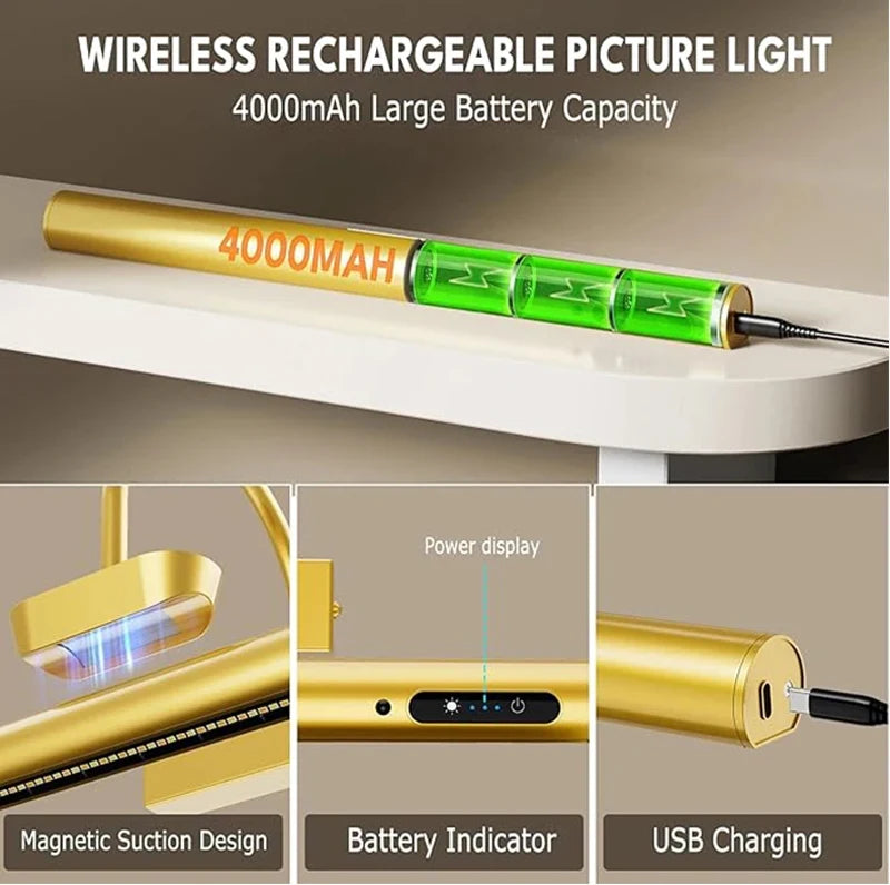 4000mAH Picture Wall Lamp LED Wireless Wall Light Tricolor Dimmable With Remote Art Display Rechargeable Battery Operated