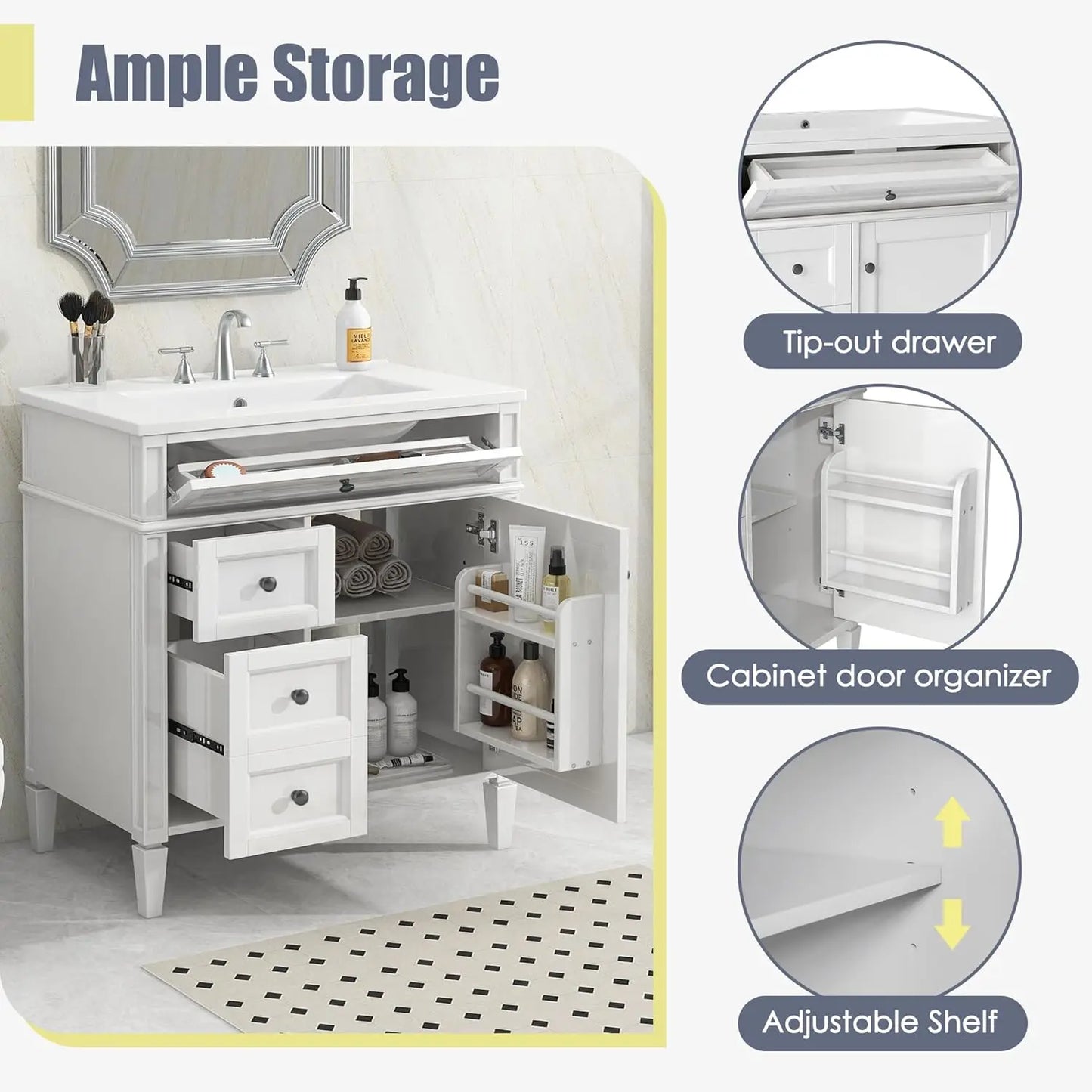 30" Bathroom Vanity Ceramic Sink Modern Freestanding Storage Cabinet Door 2 Drawers Tip-Out Drawer Solid Wood Frame, Customized