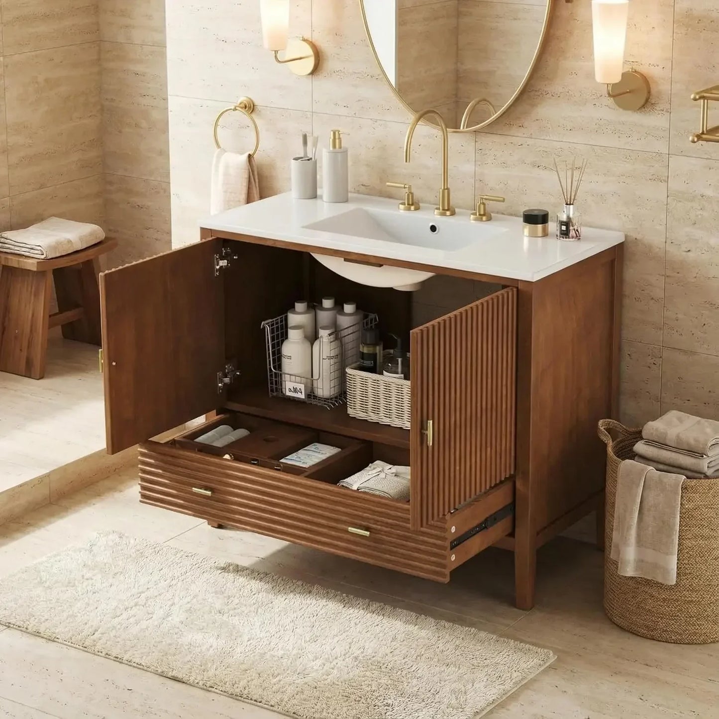 BestsellerBestseller Single Vanity, Bathroom Vanity with Ceramic Sink, Divided Drawer & Dual-Door Storage, Soft-Close, Waln