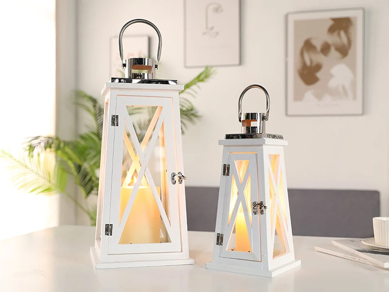 Set of 2 Farmhouse Wood Candle Lantern 22'' &15.5'' H Decorative Candle Holders with Tempered Glass Rustic Hanging Lantern for G