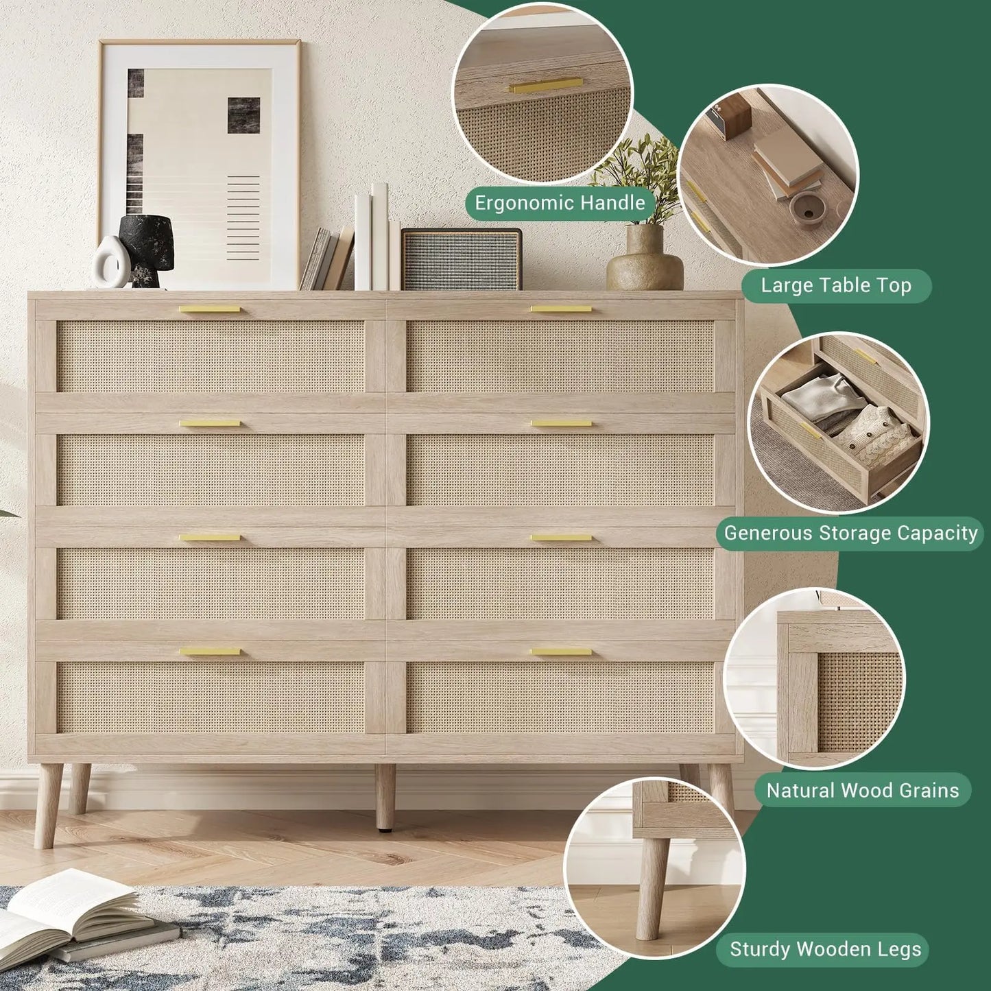 8-Drawer Rattan Dresser 47x15x37 Inch, Mid Century Modern Chest Of Drawers With Handles For Bedroom Entryway Living Room
