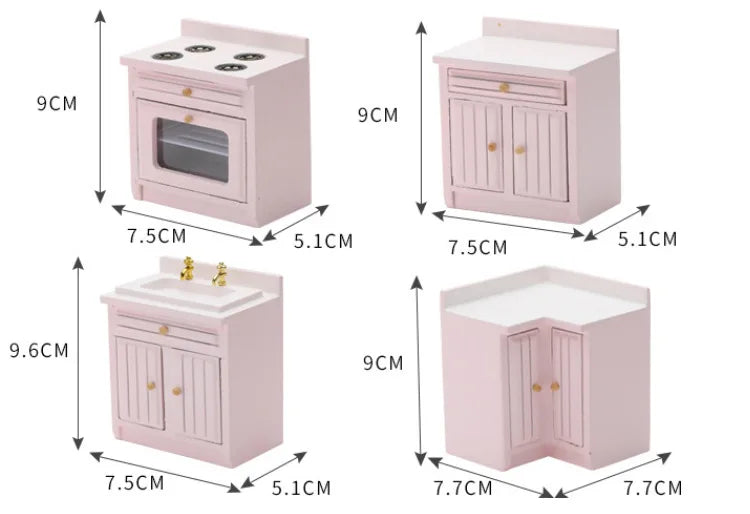 Dollhouse Mini Cooking Table Sink Counter Set Cabinets Combination 1:12 Miniature Kitchen Miniature Models Home Decor Figurines
