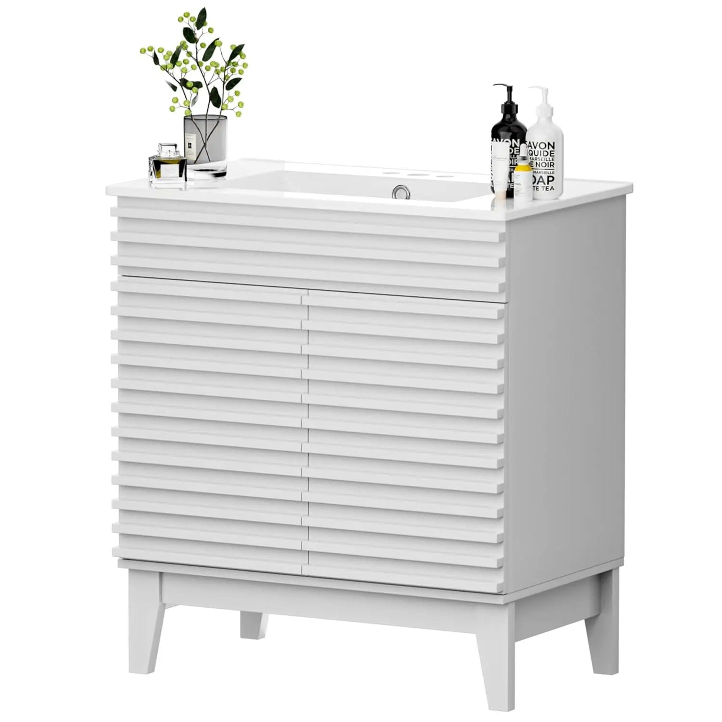 30" Mid-Century Bathroom Vanity Cabinet Ceramic Sink Soft Close Doors Freestanding Particleboard Wood Grain Walnut Customized