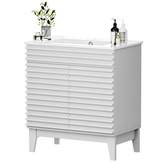 30" Mid-Century Bathroom Vanity Cabinet Ceramic Sink Soft Close Doors Freestanding Particleboard Wood Grain Walnut Customized