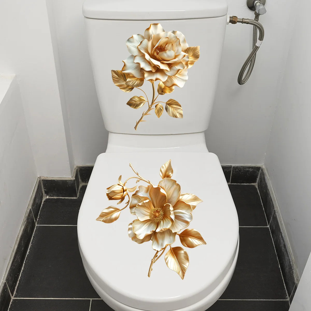 Beautiful Golden Flower Toilet Sticker Bathroom Toilet Cover Decorative Sticker Waterproof Self Adhesive